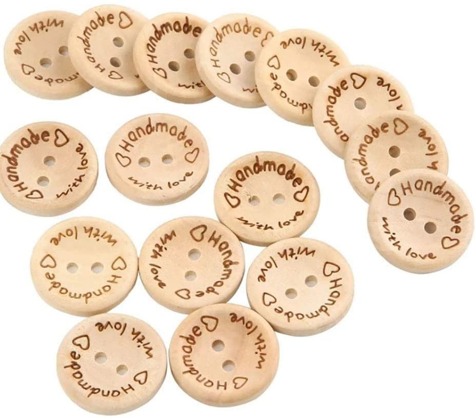 100Pcs/Bag Handmade with Love 2 Holes Wooden Buttons Sewing Scrapbooking DIY Kit 