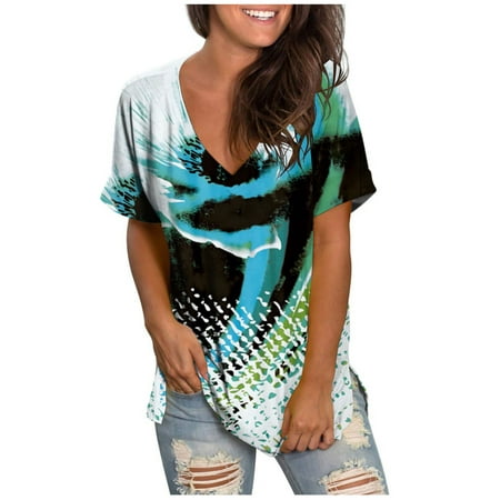 

Women Clothes Clearance Short Sleeve Bustier Women Vneck Spandex Gradient Floral Lounge Tie Dye with Slit Blouses Camisole Tshirts Girls HI
