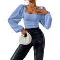thumbnail image 3 of Women'S Square Neck Long Sleeve Crop Tops Puff Sleeve Ruched Blouse Blue M, 3 of 10