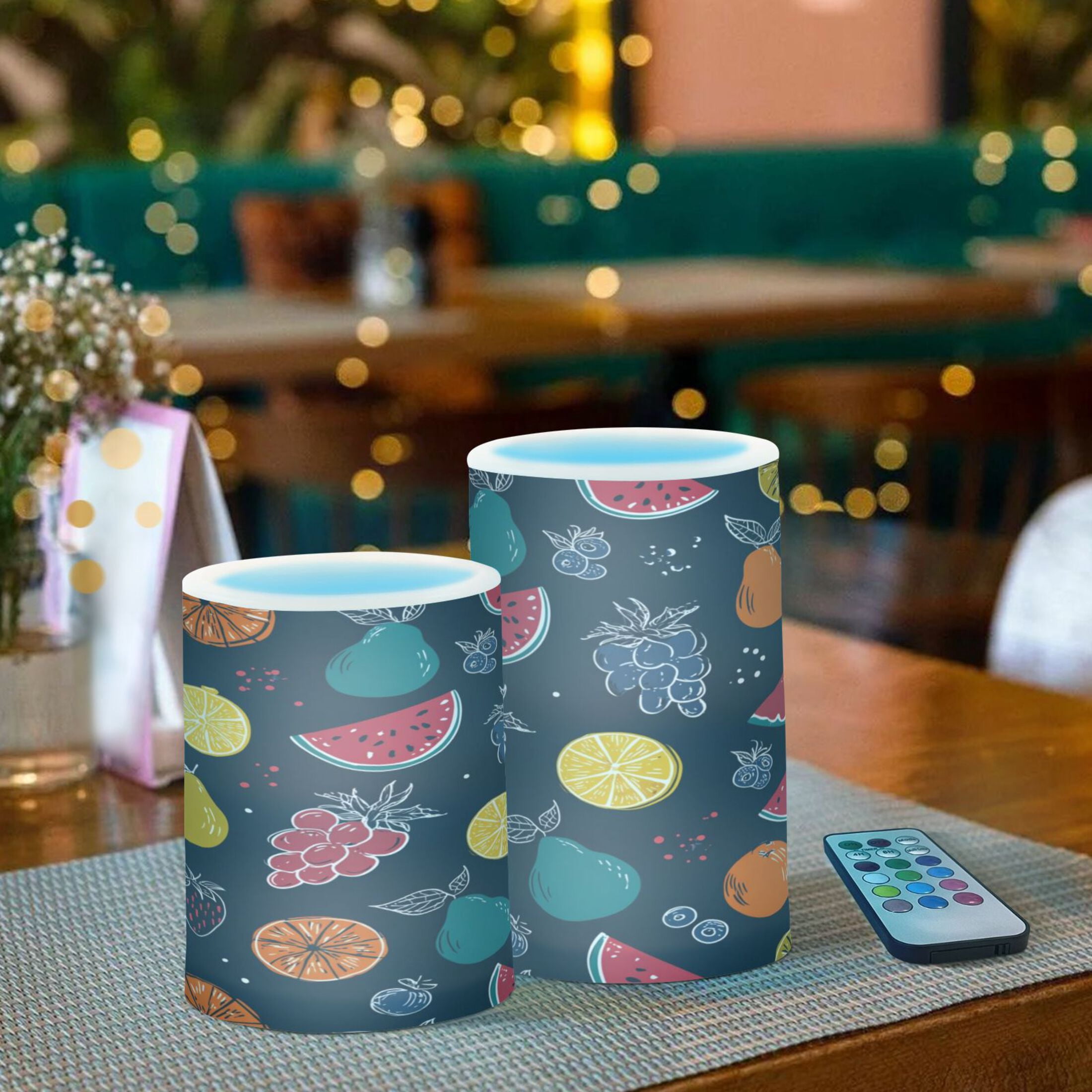 Set of 2 Flameless Candles Lights with Remote Control Flickering LED Candles Electric Candles for Home Decor Parties Cartoon Variety Of Fruits