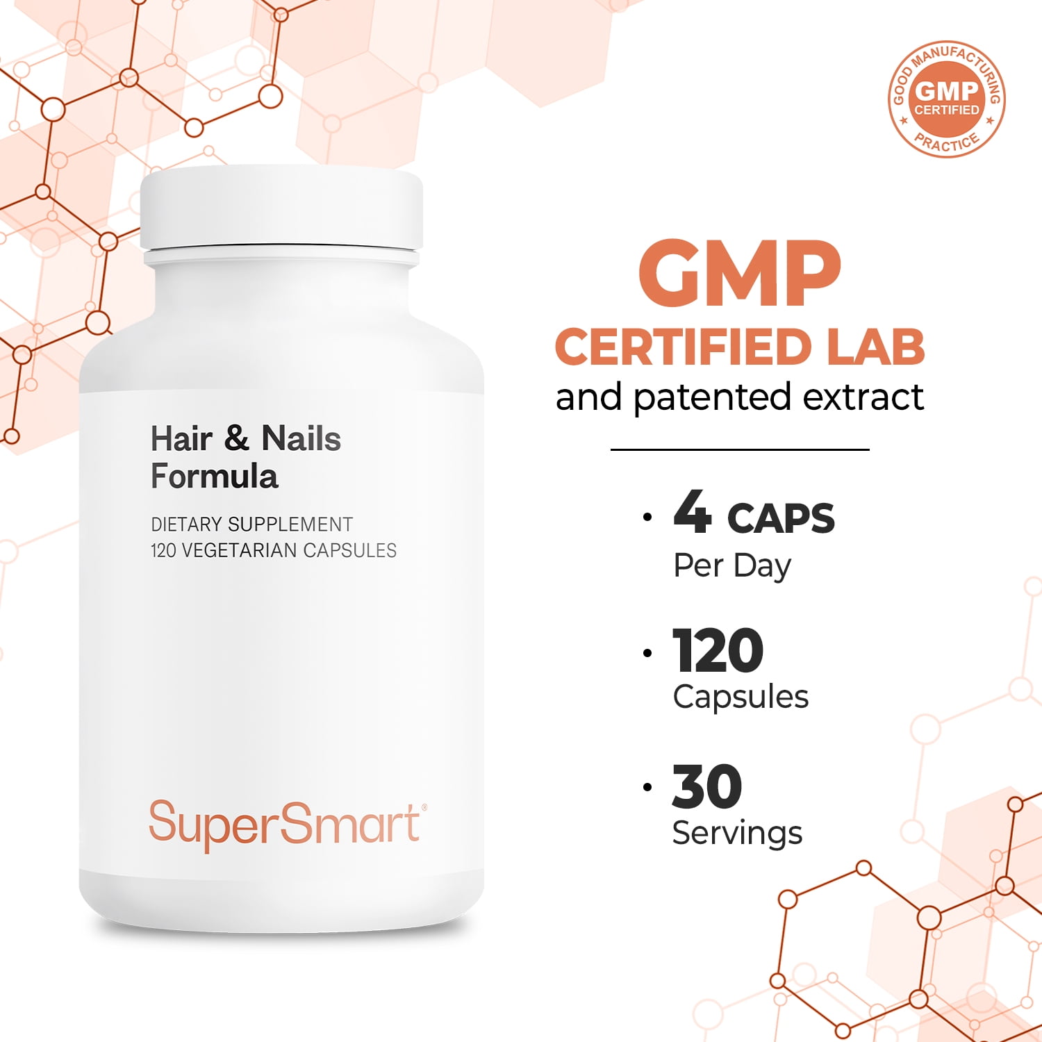 SuperSmart Hair & Nails Formula - Patented Solubilized Keratine Supplement - with Biotin, Bamboo Extract, MSM, Cynatine HNS Keratin | Non-GMO & Gluten Free - 120 Vegetarian Capsules