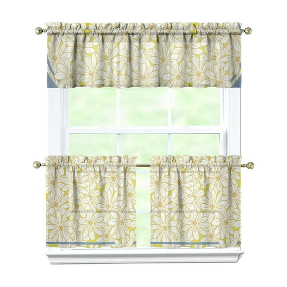 Kitchen Window Curtains over Sink Blue with Yellow Daisy 24 Inch 3 Pieces Set Small Window Cafe Curtains for Home Decor Rod Pocket Tier Drapes