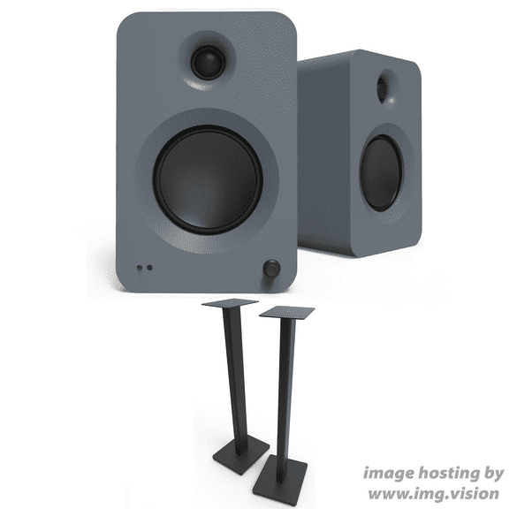 Kanto REN GREY Bluetooth Powered Bookshelf Speakers - Matte Grey Pair with Kanto ST34 34" Floor Speaker Pair of Stands with Black MDF Base (2024)