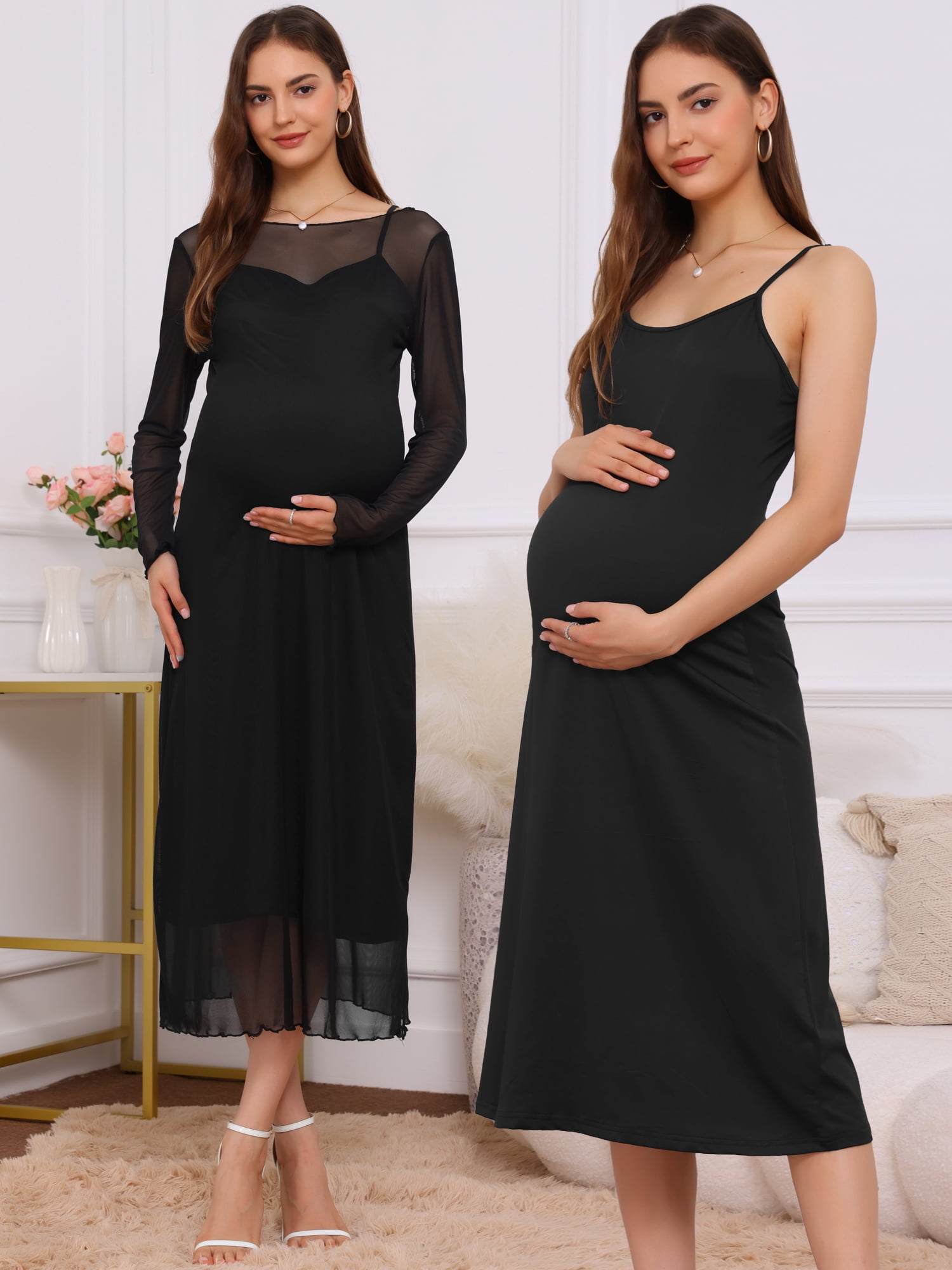 DARING DIVA Women's Maternity Mesh Dress 2-Piece Bodycon Fall Wedding Party XL Black
