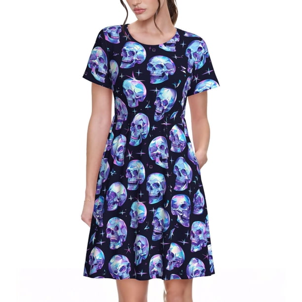 Balery crystal Skull Vestidos sueltos de manga corta para mujer, vestidos de verano 2025, vestidos casuales de corte A con vuelo.