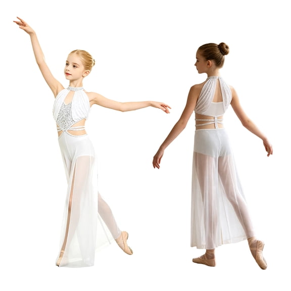 iiniim Girls Dance Bodysuit Figure Ice Skating Jumpsuit Sparkly Gymnastics Leotard for Stage Performance White 10