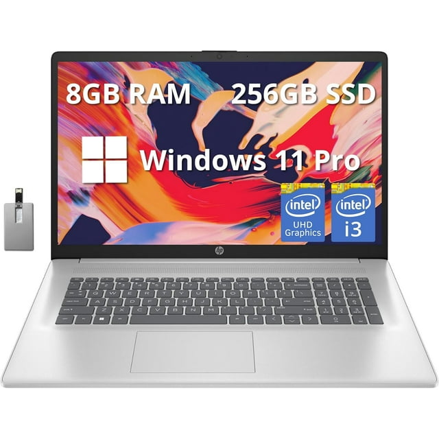 HP 17.3" Full HD Laptop, Intel Core i3-1215U Processor, 8GB RAM, 256GB PCIe SSD, Intel UHD Graphics, Numeric Keypad, 720p HD Webcam, Windows 11 Pro, Natural Silver, 32GB Hotface USB Card