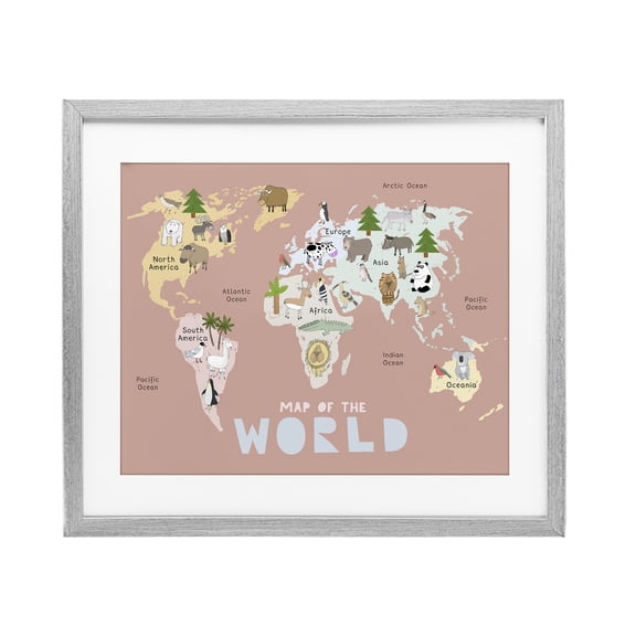 Kid's Map Of World Pink Gray Framed Print Under Glass, design by Carla Daly
