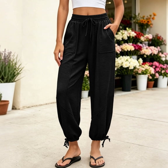 ClodeEU Women's High Waisted Drawstring Joggers,Casual Elastic Waist Loose Fit Harem Pants with Pockets Black,Women's Plus L