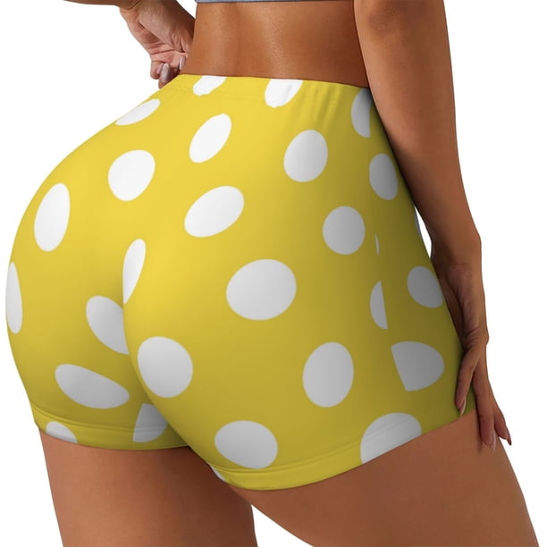 Fotbe Yellow And White Polka Dot Shorts Sin Costuras – Shorts Deportivos de Cintura Alta para Mujer, Elásticos para Gimnasio, Yoga, Running o Ciclismo-Large