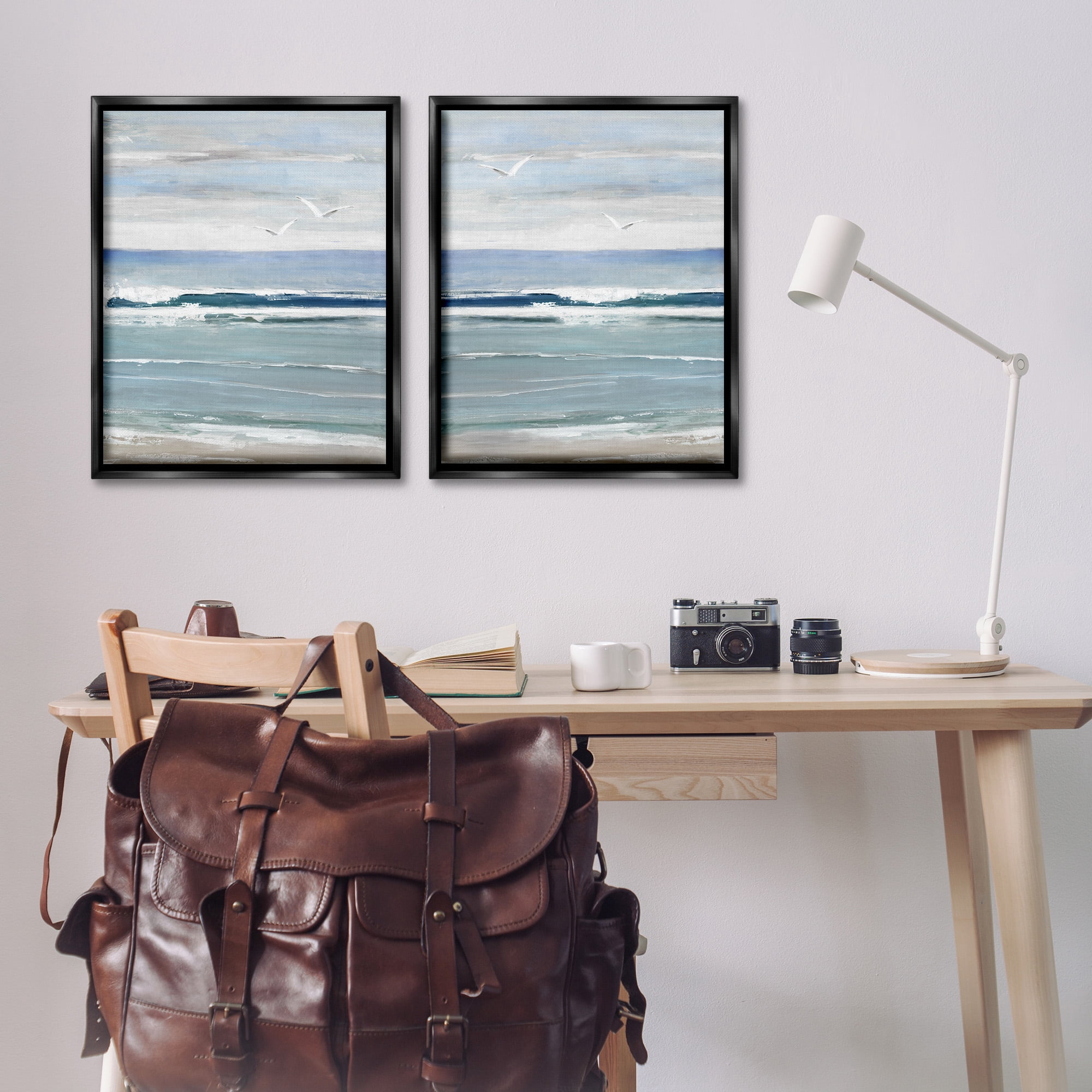 Stupell Industries Seagulls over Beach Waves Landscape Painting Black Floater Framed Canvas Art Print Wall Art, 25 x 31, Set of 2
