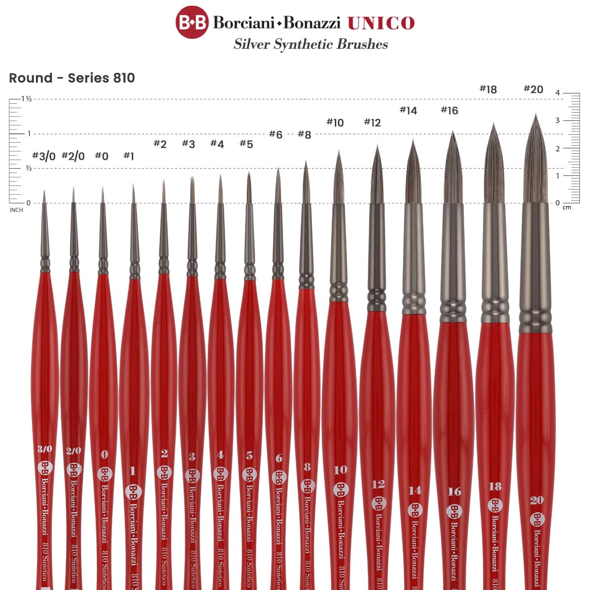 Borciani e Bonazzi Unico Silver Synthetic Series 810 Paint Brush, Round 10 - Medium Handle Paintbrush Handcrafted in Italy, Cruelty-Free, Acrylic, Oil, Watercolor