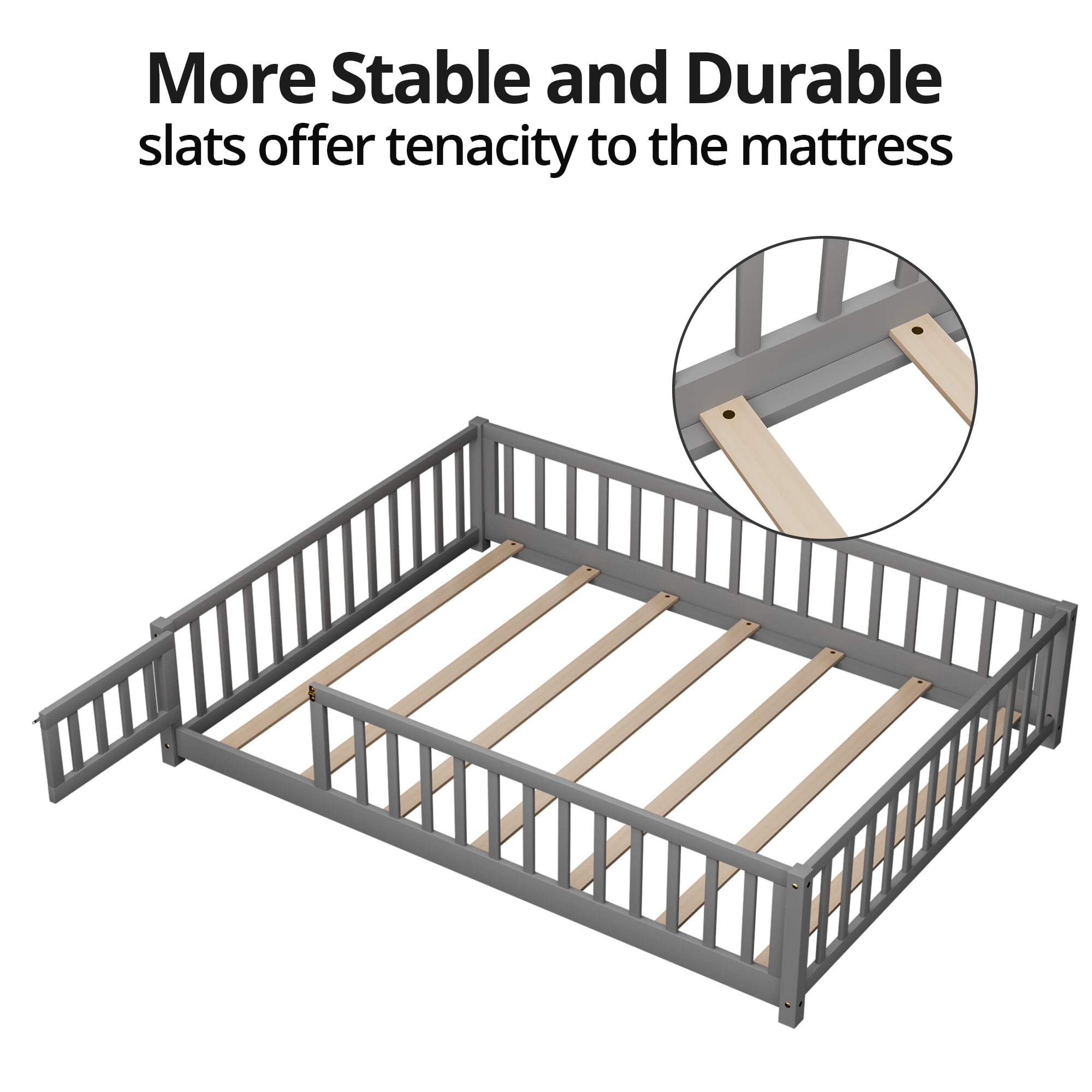 Queen Size Floor Bed, Wood Montessori Bed Frame with Fence Guardrails and & Support Slats, Queen Playhouse Bed with Door Design, Gray