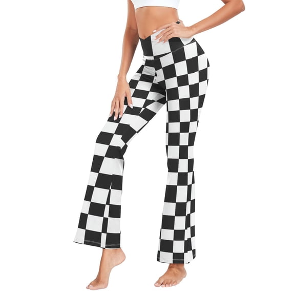 Women's Cross Waist Flared Yoga Pants Classic Black-and-white Checkered Pattern High Waist 4 Way Stretch Quick Dry Casual Flare Bottoms for Workout Running Daily Wear