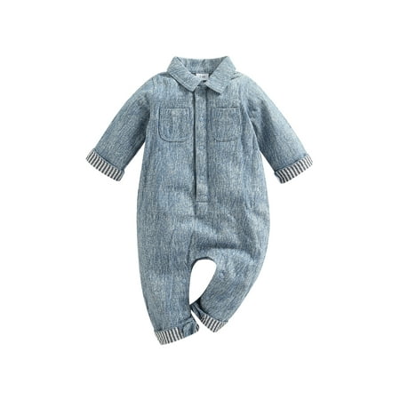 

jaweiw Infant Baby Denim Jumpsuit for Unisex Boys Girls Long Sleeve Front Pocket Snap Leg Lapel Romper Pants Size 0 6 9 12 18 M