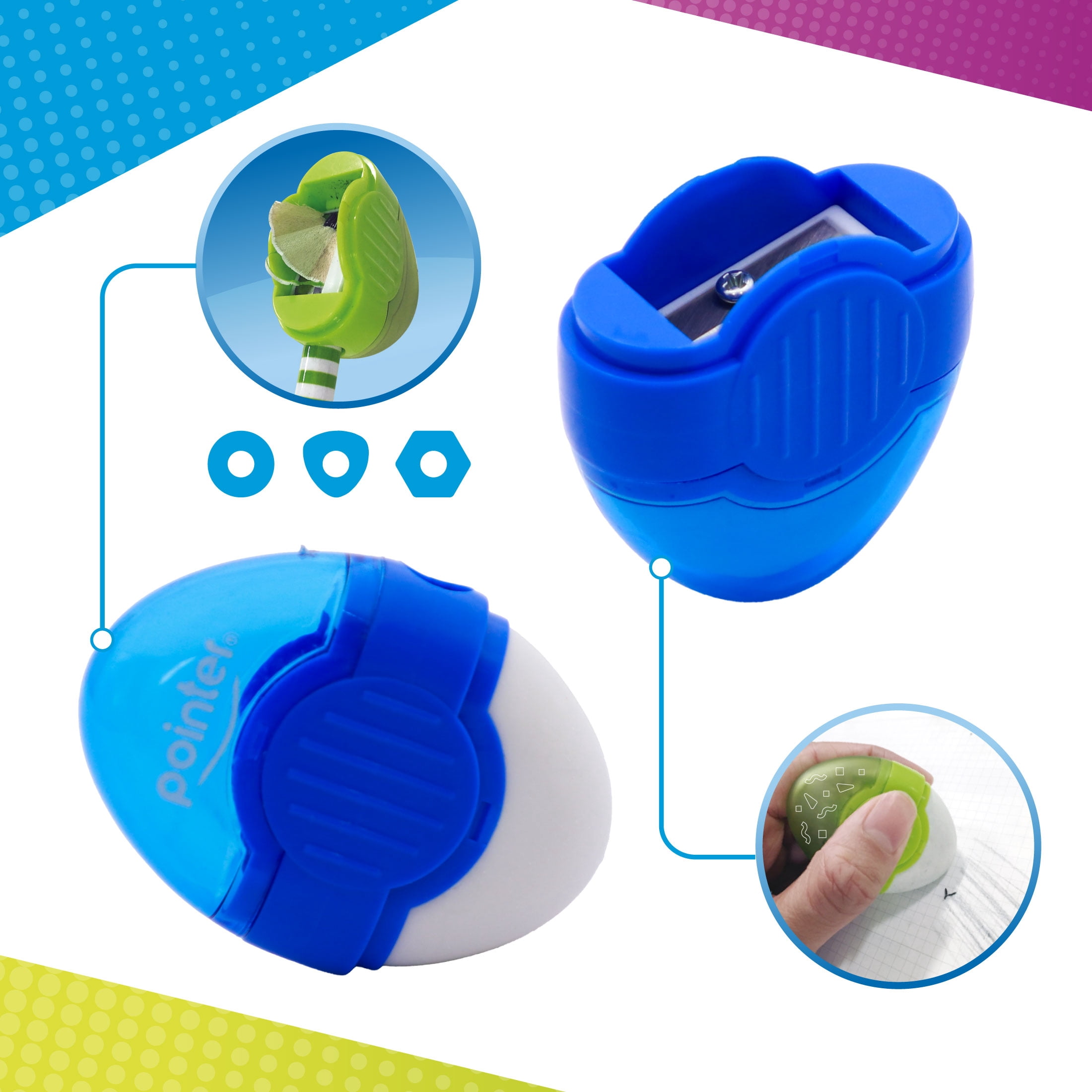 Pointer Handheld Manual Pencil Sharpeners, Oval‑Shaped, Single‑Hole, 2‑in‑1 Eraser and Container, Assorted Colors, 24 Count, 1 pack