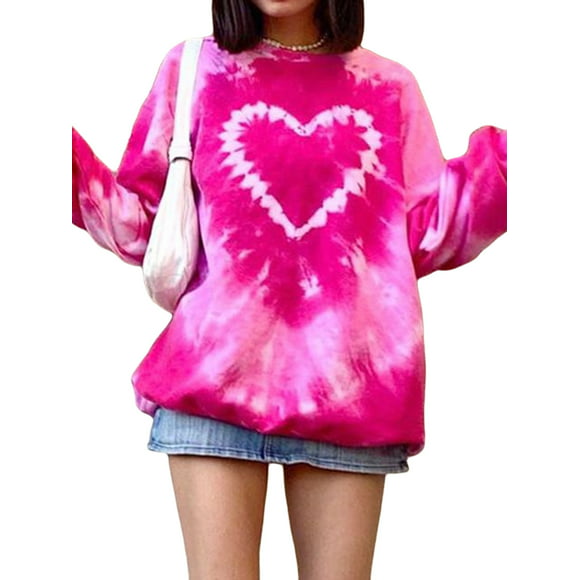 Xingqing Women's Valentine's Day Heart Print Sweatshirt Long Sleeve Round Neck Tie Dye Print Oversize Casual Loose Pullover Tops