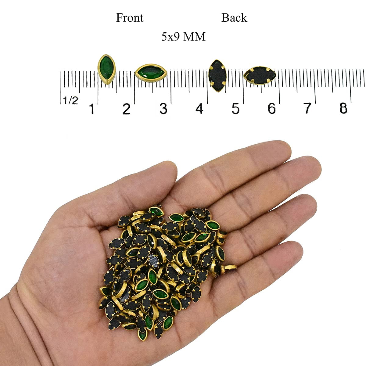 Brass World Kundan Stones Beads Flat Back Glue On Rhinestones for Jewellery Making Embroidery in Emerald Green Color 250 Pieces Marquise Shape-5x9MM