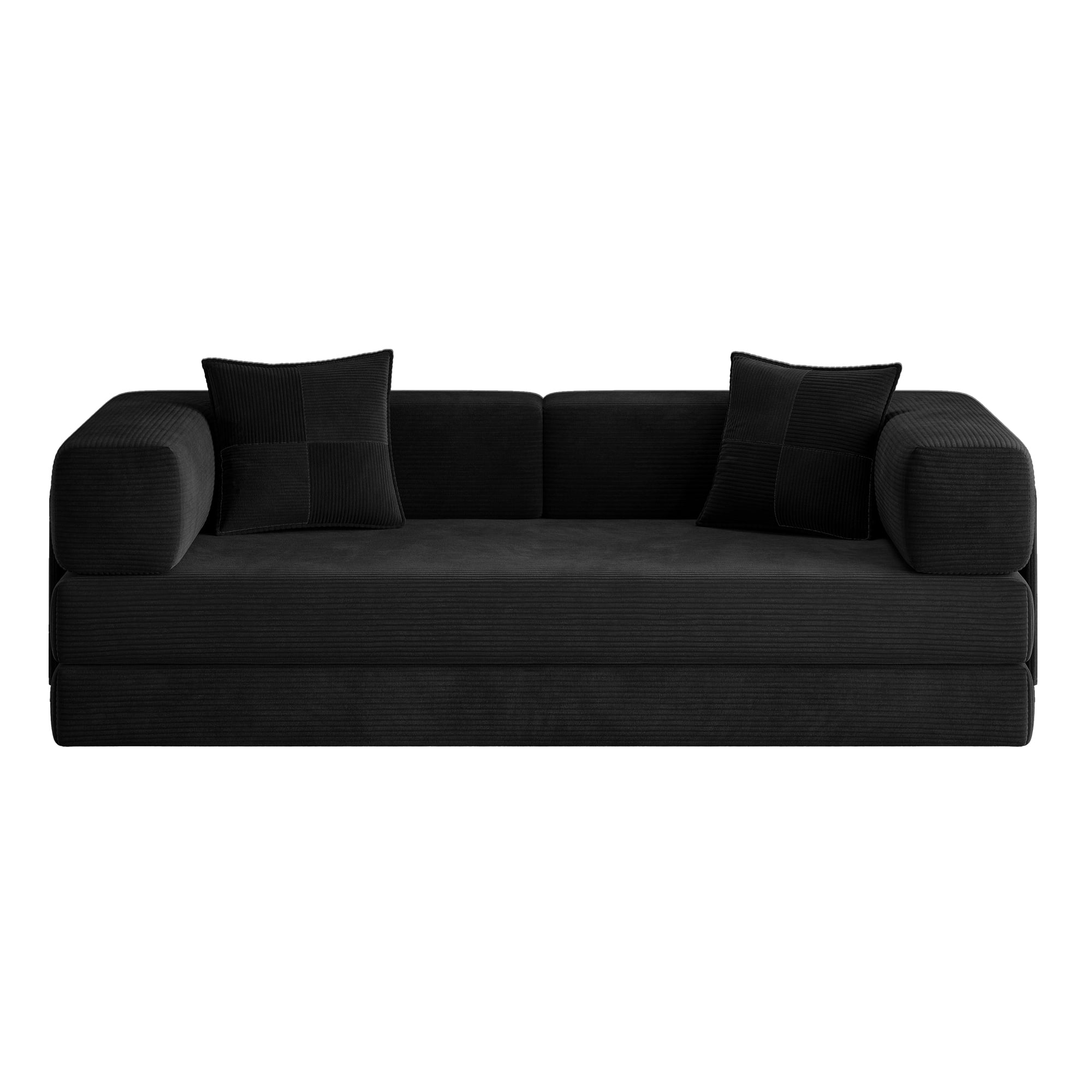 Leumius 79 Inch Convertible Sofa Bed,5-in-1 Corduroy Floor Sofa with High-Density Foam,Metal Back and Arm Supports, Washable Cover and Side Pockets,Black