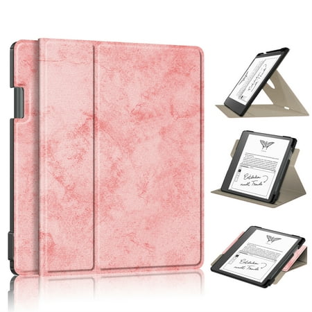 ELEHOLD Leather Protective Case for Kindle Scribe 10.2 inch (2022 Release), Multi-Angle Kickstand 360° Rotating Swivel Stand Anti-Slip Strip Full-body Protective Shockproof Cover, Pink