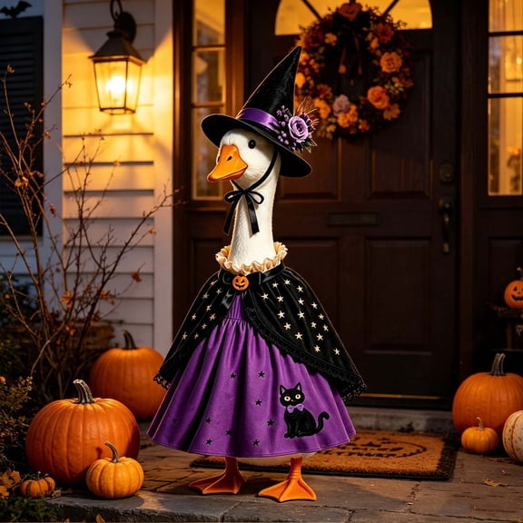 Spooky Halloween Porch Goose Outfit Witch Hat with Purple Floral Band and Starry Cape Cute Decor for 23 Inch Front Porch Lawn Statue