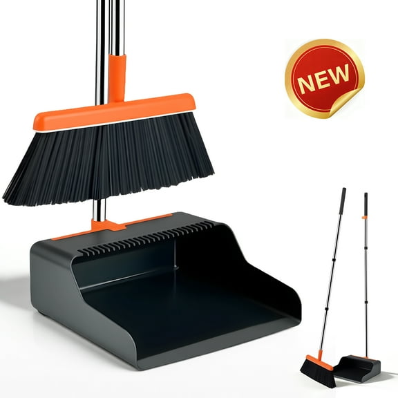 CISILOV Broom and Dustpan Combo Set with Extendable Long Handle up to 51.2",   Self-Cleaning Dustpan Teeth for Pet Hair, Upright Standing Brooms for Sweeping Indoor/Outdoor/Home/Office