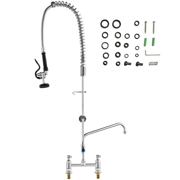 KFFKFF Commercial Sink Faucet, Height 44 inches, Installation Width 8 inches, Spout Length 12 inches, Wall Mounted, Constructed from Brass, Includes Pull-Out Spray Head, Fits Single or Triple Sinks