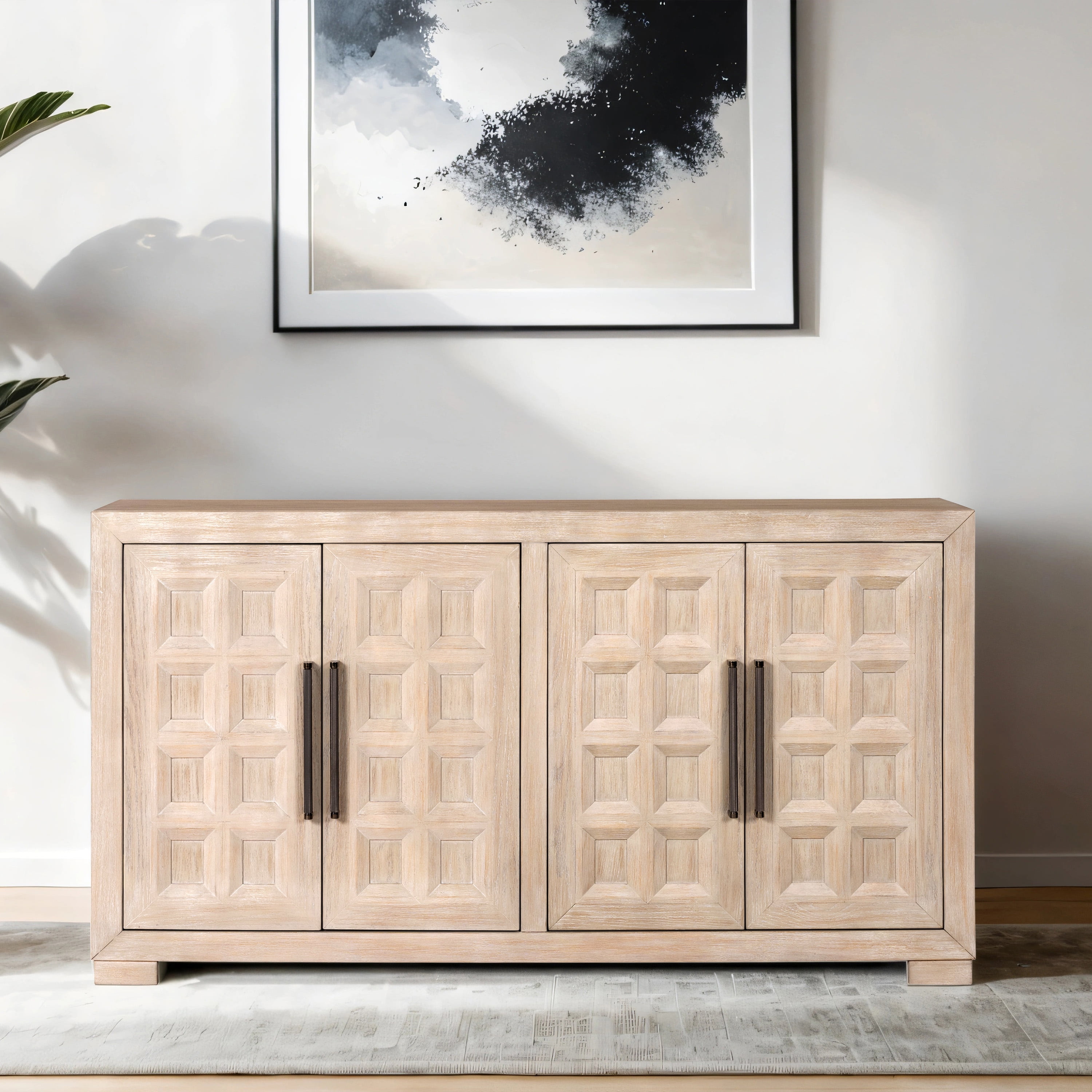 Furniture of America Direx Modern 66" 4-Door Solid Wood Sideboard, Tawny