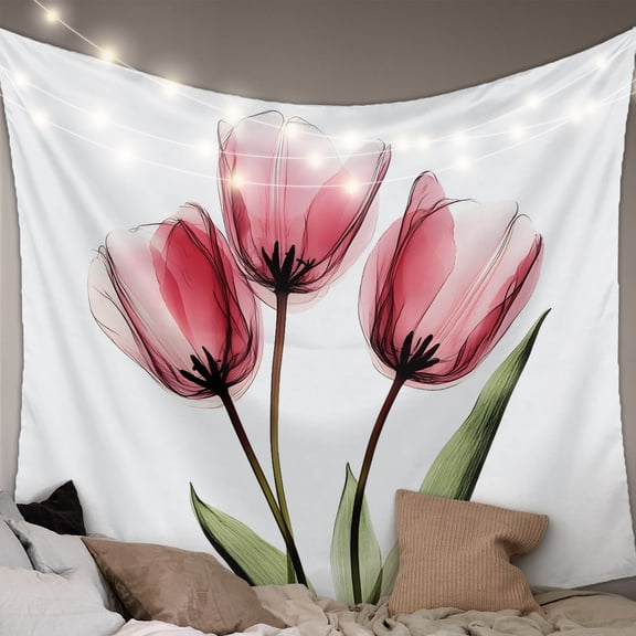 Pink Tulips Tapestry for Bedroom Wall Hanging Tapestry, Green Leaf Country Flower White Botanical Ceiling Backdrop Tapestries Poster Blanket Wall Decor for Teens Room Living Room Dorm 39" x 59"