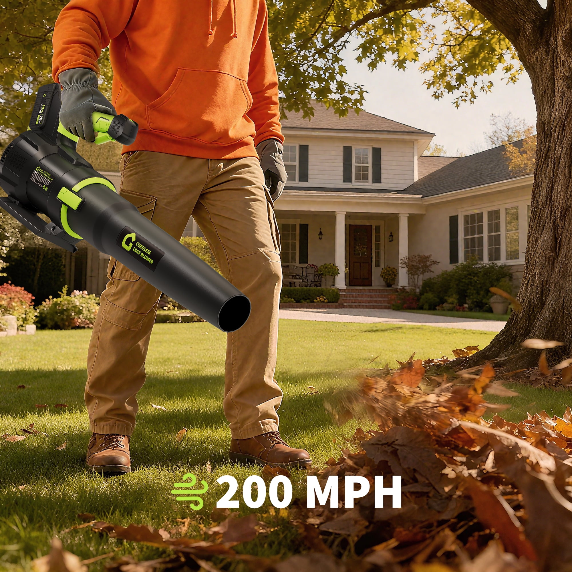 20V Cordless Leaf Blower - 650 CFM / 200 MPH, 4.0Ah Battery, Fast Charge, Brushless Motor, green