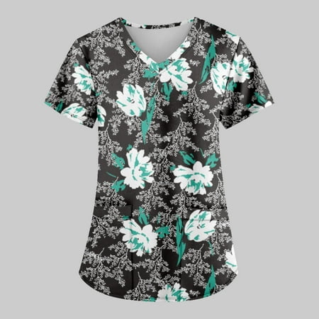 

Yubatuo Women Plus Size Scrubs Top with Pockets V-Neck Short Sleeve Flower Print Work Blouse for Women Black 4XL