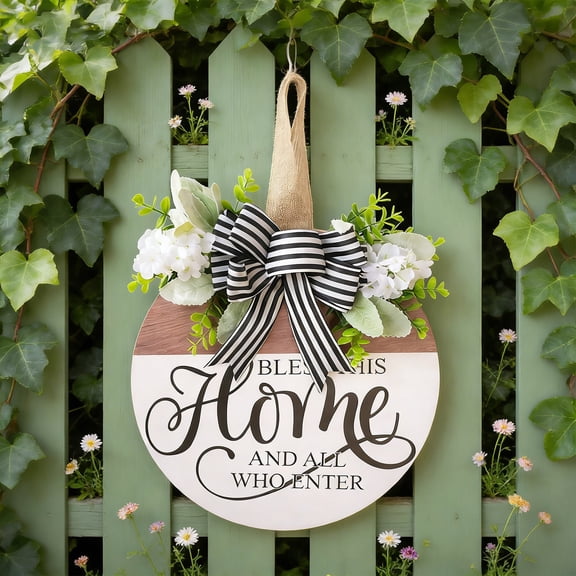Halons Welcome Wreath - Round Wooden Multicolor, Indoor Outdoor Home Decor for Front Door Hanging, Bow Accent, Lightweight 0.44lb (11.8x11.8in) Welcome Wreath - Round Wooden Multicolor, I
