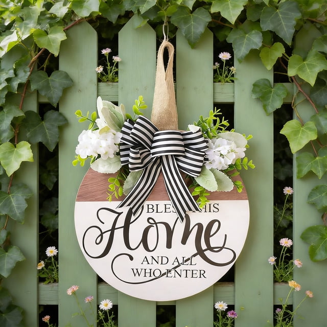 Corona de Bienvenida con Lazo Redondo, Adecuada para Decoración Interior/Exterior del Hogar