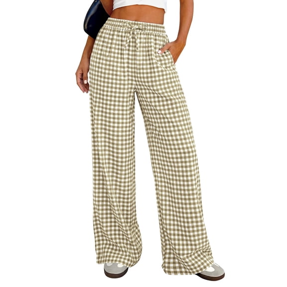 Yungyresw Gingham Pants Women Elastic Drawstring Waist Lightweight Casual Pants Straight Wide Leg Plaid Lounge Trousers Deep Green L