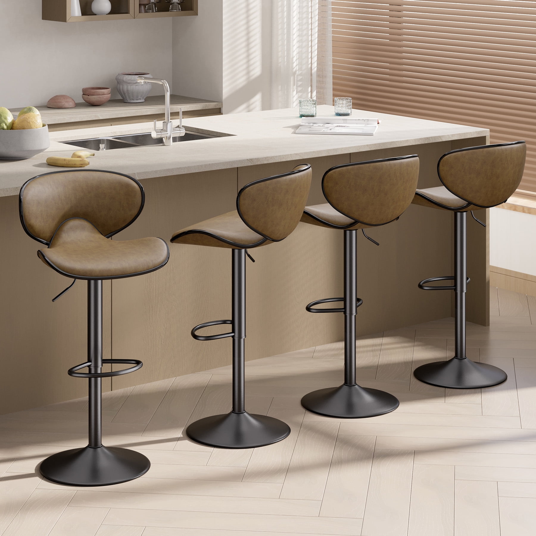 Hawsaiy Adjustable Swivel Bar Stools Set of 2 with Back and Footrest, Faux Leather Counter Height Kitchen Stools, Modern Bar Chairs for Island and Home Bar, Brown