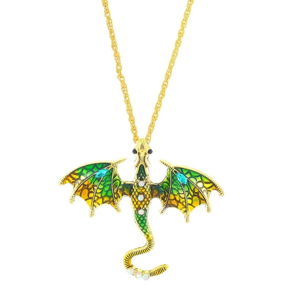 Alloy Enamel Dragon Pendant Necklaces with Rhinestone Iron Chain Golden Green 24.41 inch(62cm)