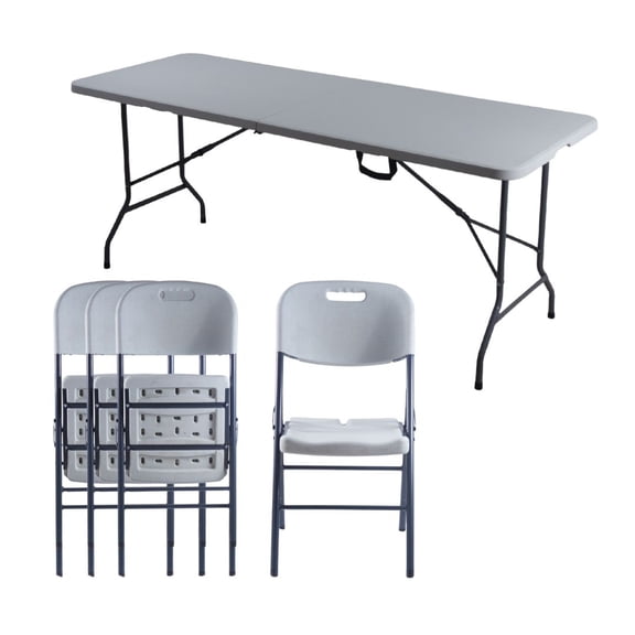 Combo Mesa Plegable Blanca 1.8 metros Tipo Portafolio con 4 Sillas Plegables Blancas Para Exterior