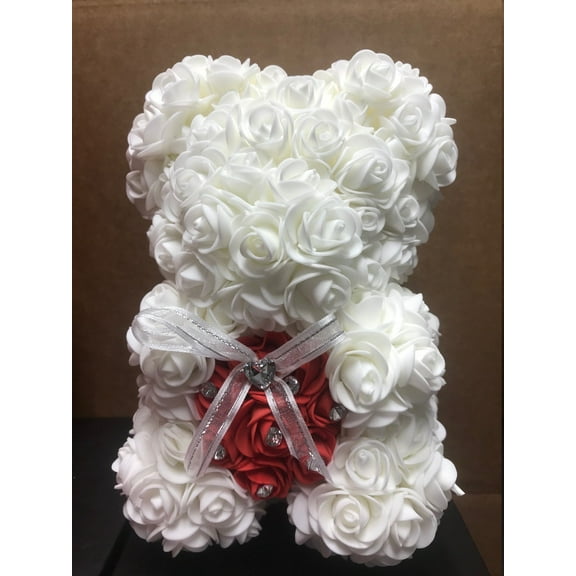 Centerpiece Rose Bear with Rhinestone Bling -  Flower Bear, Baby Shower (White)