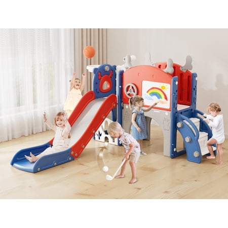 KORIMEFA 11 in 1 Toddler Slide Kid Slide for Toddlers Age 1-3 with Golf Set Ring Toss Basketball Hoop Drawing Board and Telescope Indoor Outdoor Playset Playground Blue Red