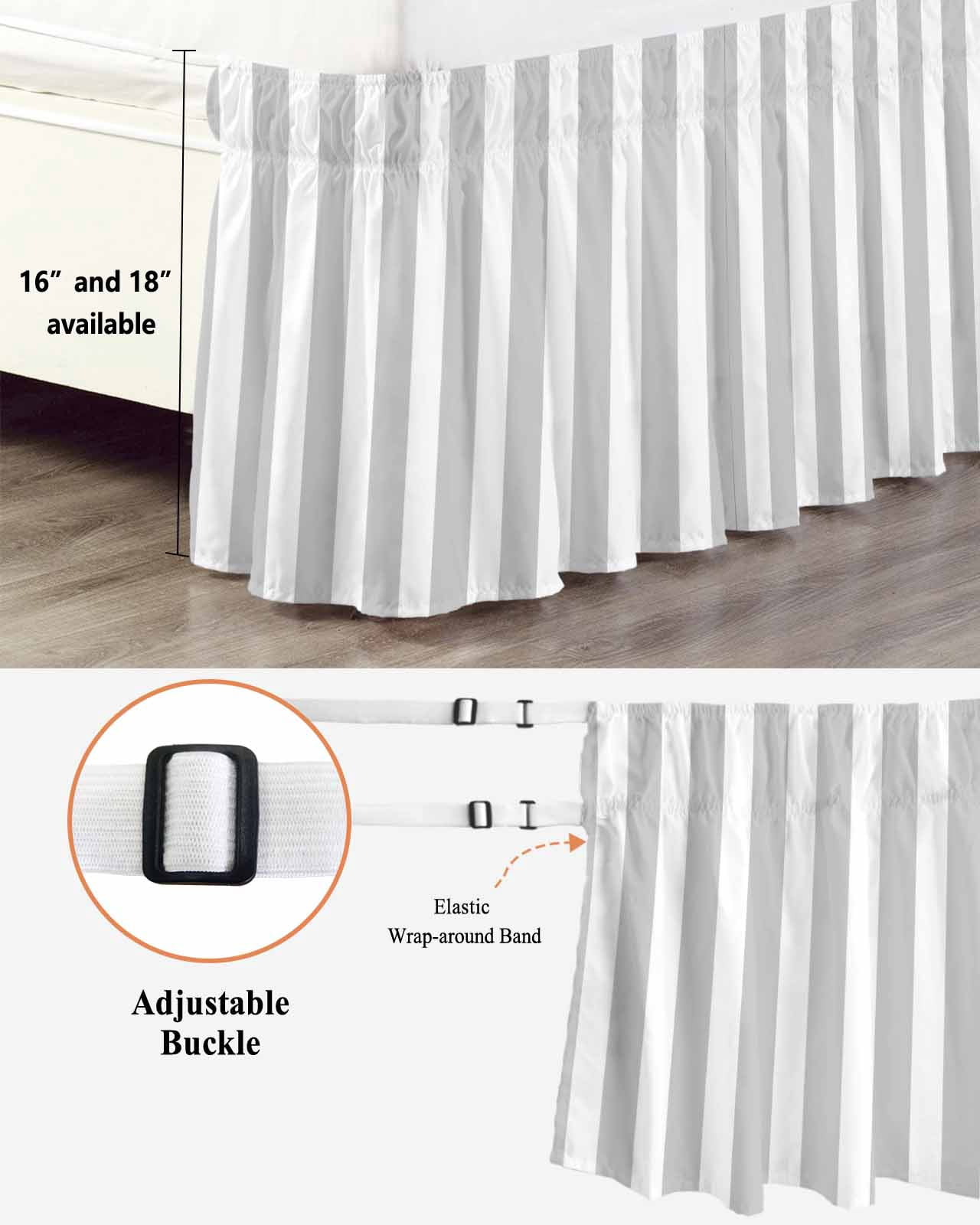 Grey Striped Bed Skirt King Size, Modern Farmhouse Gray White Stripes Wrap Around Bed Skirting with Adjustable Elastic Strap, Dust Ruffled Pleated Bedskirts 18 Inch Drop for Bedroom King Beds