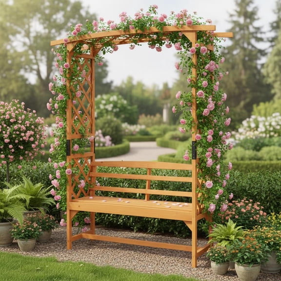6.5 FT Tall Garden Arbor with Pergola & 2-Seat Bench, Natural Fir Wood Patio Arch Trellis with Side Climbing Panels for Backyard Garden Outdoor Decor, Yellow