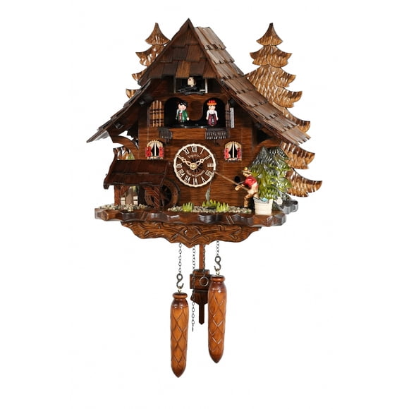 Quartz cuckoo clock Black Forest house with movable angler and rotating mill wheel, with music