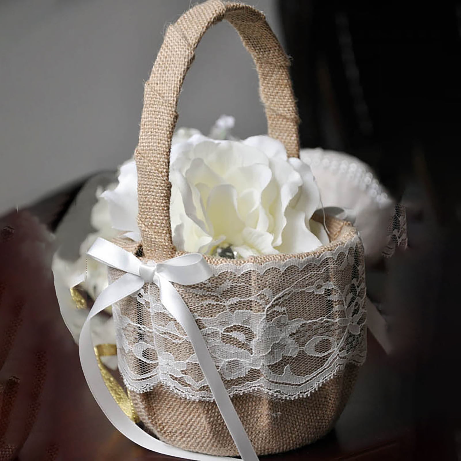 Burlap Hessian Lace Flower Girl Basket Rustic Country Vintage Wedding Prom 