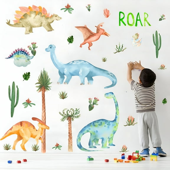 LAMIRO Watercolor Dinosaur Wall Stickers Dinosaurs Nursery Decor Tropical Plant Home Decorations Kids Bedroom Playroom Wall Art Stickers Decor Toddler Baby Shower Room Art Gift