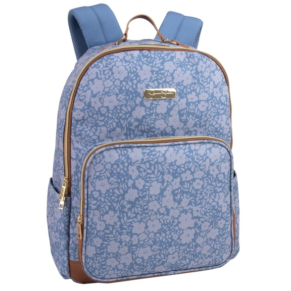 Jessica Simpson Womens Vegan Leather Trim Laptop Backpack with Padded Mesh Shoulder Straps and Side Water Bottle Pockets for Commuting and Travel in Blue Floral