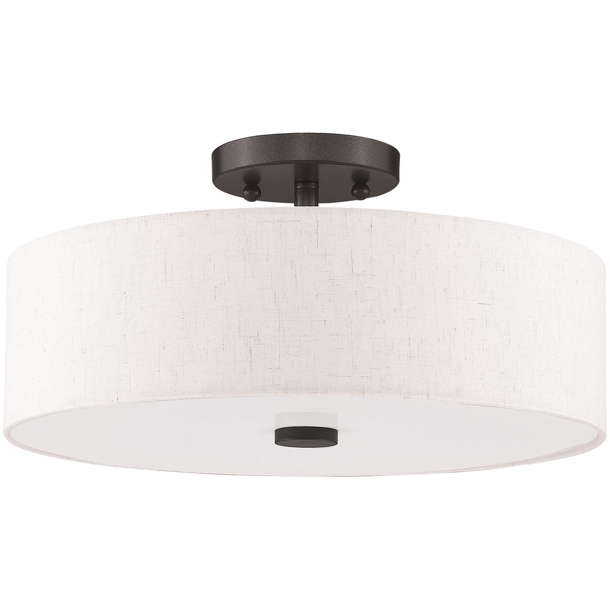 3 Light English Bronze Ceiling Light fixture with Hand Crafted Oatmeal Color Fabric Hardback Shade