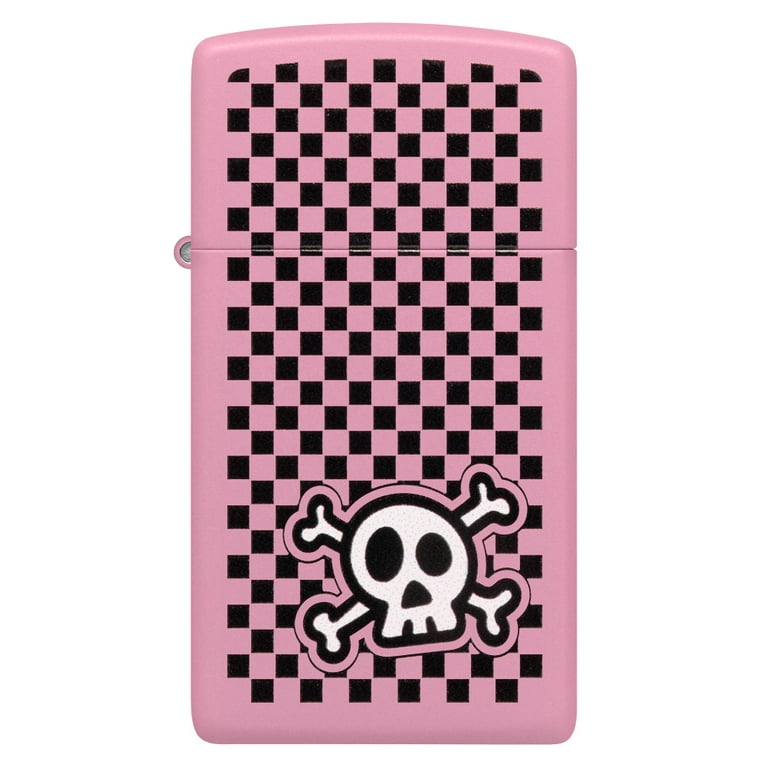 Zippo Slim Pink Matte Pocket Lighter, Checkered Skull Design
