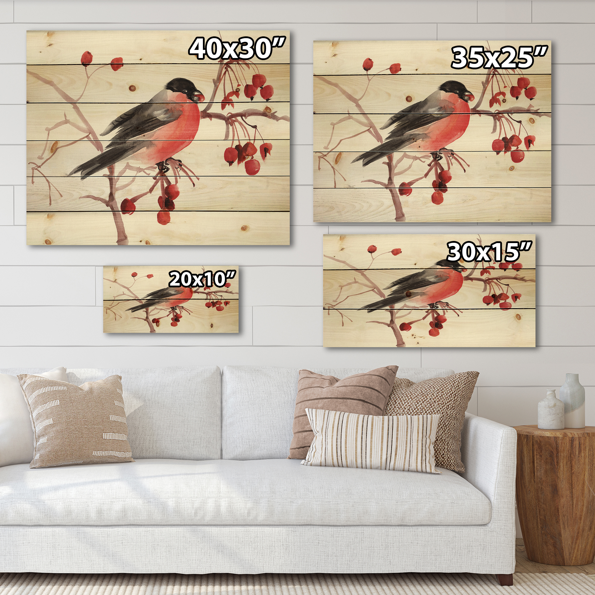 Designart 'Bullfinch Bird Sitting On A Branch' Traditional Print on Natural Pine Wood