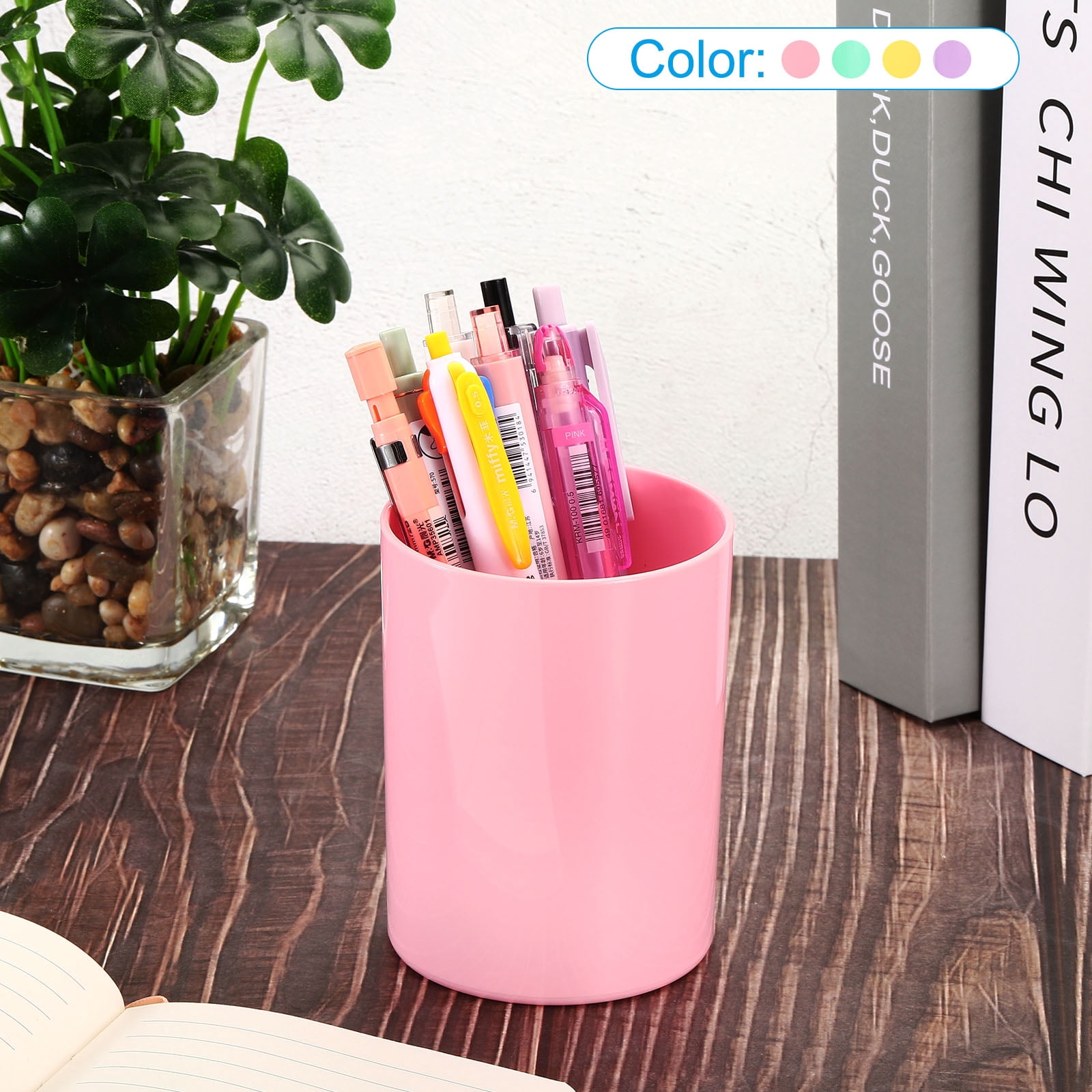 Unique Bargains Pencil Holder Plastic Pen Makeup Brush Holder Round Desktop Organizer Yellow