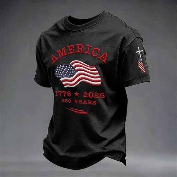 USA 250th Anniversary Merchandise Mens Short Sleeve Crewneck Patriotic Tee Plus Size Loose Fit Summer Commemorative Black L